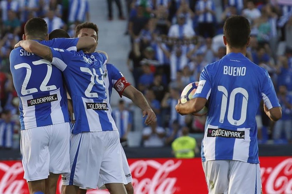 Los jugadores del Leganés celebran un gol en el Estadio Municipal Butarque. EFE/Archivo