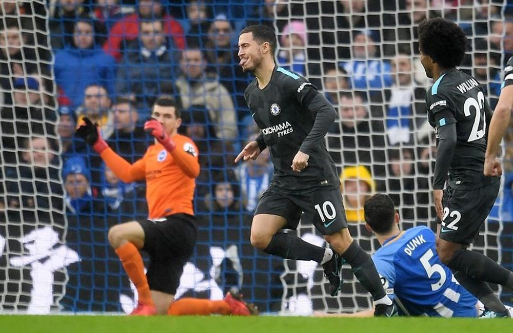 Hazard scored a brace as Chelsea eased to victory over Brighton. AFP