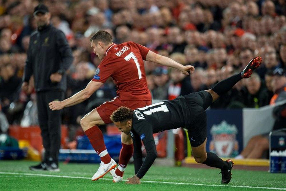 James Milner put in a crunch tackle on Neymar as Liverpool beat PSG 3-2 last night. EFE