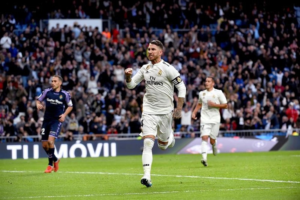 Real Madrid Sergio Ramos celebra el segundo gol de su equipo ante el Real Valladolid. EFE