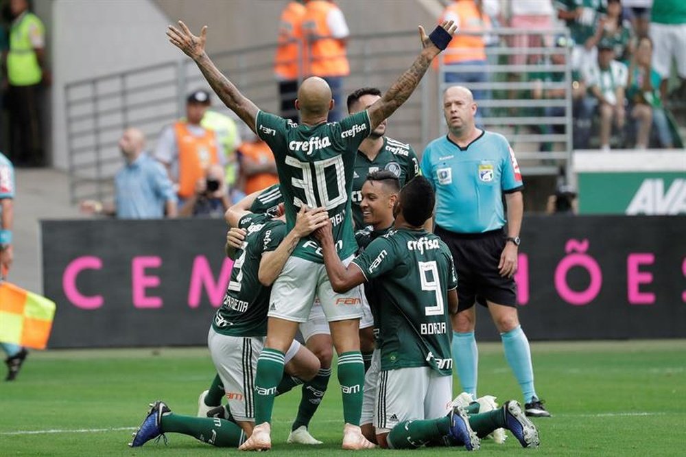 Edu Dracena (i), de Palmeiras, celebra un gol con sus compañeros. EFE