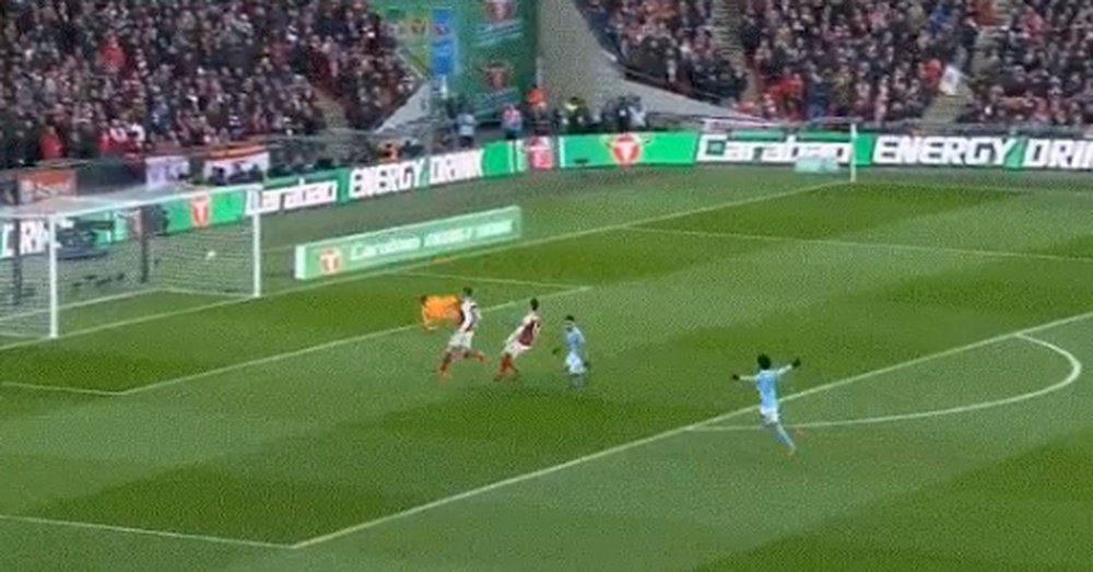 Aguero scores the first goal of the Carabao Cup final. Twitter