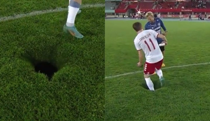 Huge crater appears on pitch in Austria v Denmark game