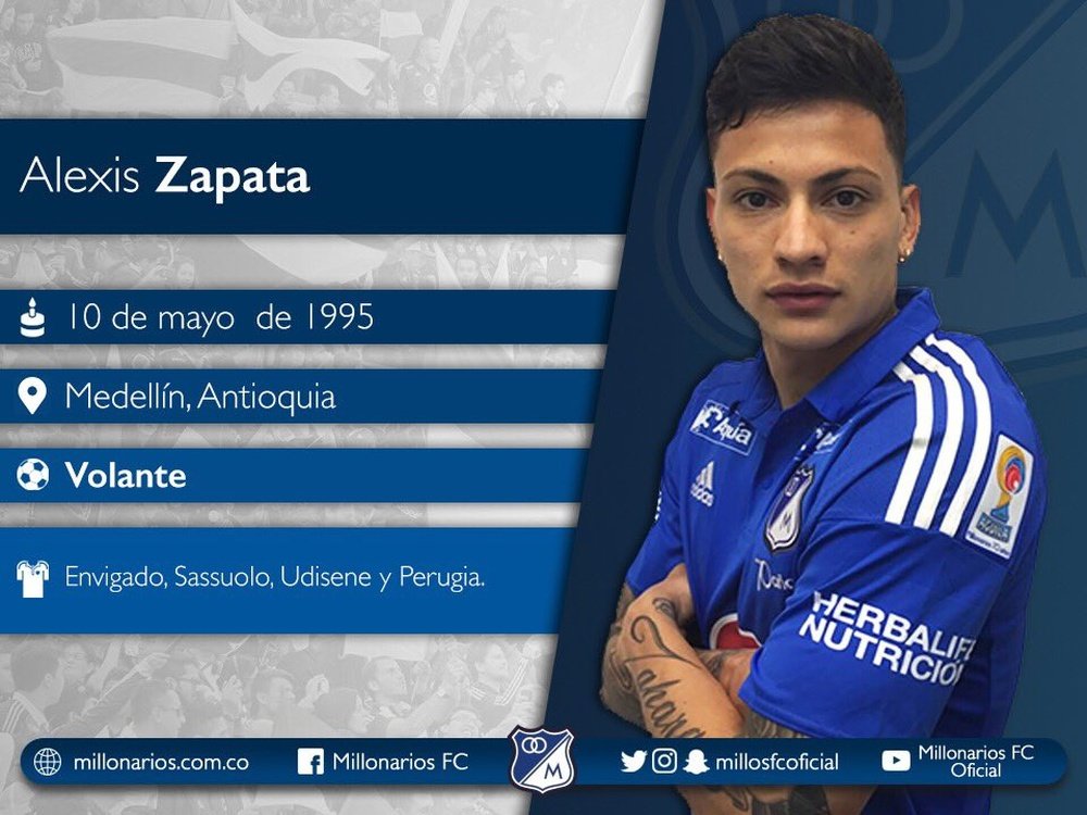 El conjunto colombiano hace oficial el fichaje de Alexis Zapata. Twitter/MillonariosFC