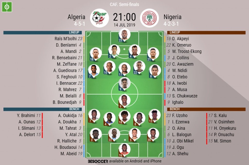 Algeria v Nigeria, Africa Cup of Nations semi-final, 14/07/19, Official Lineups. BESOCCER.