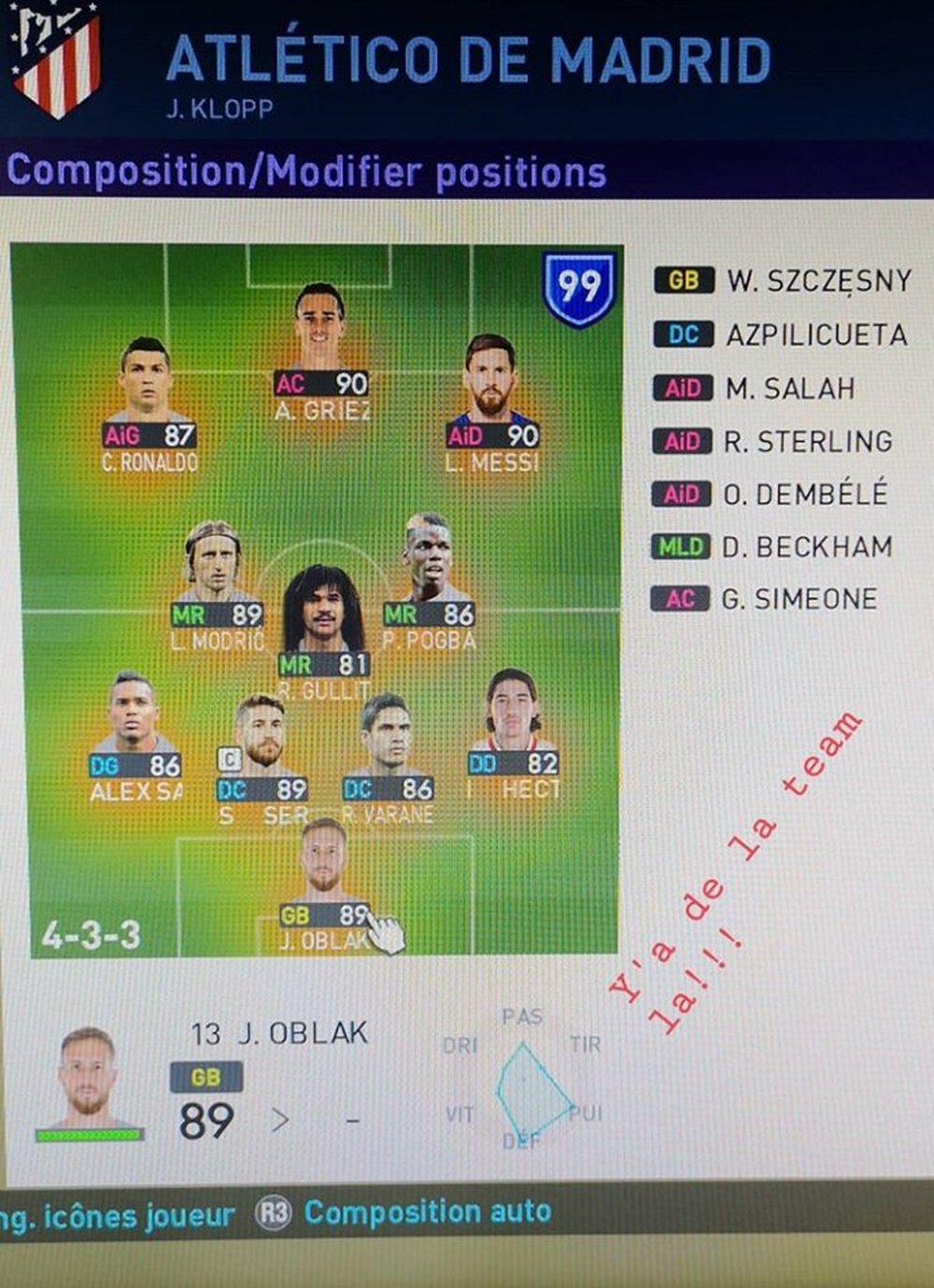 Griezmann diseña un equipazo en el PES. Captura/AntoineGriezmann