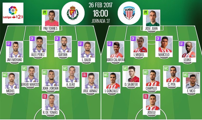 Alineaciones del encuentro de Segunda División Valladolid-Lugo, febrero de 2017. BeSoccer