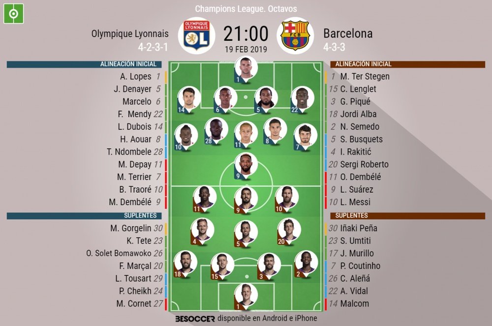 Le formazioni ufficiali di Olympique Lione-Barcellona. BeSoccer
