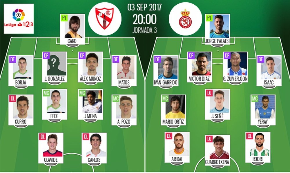 Alineaciones oficiales del Sevilla Atlético-Cultural Leonesa de Segunda División 2017-18. BeSoccer