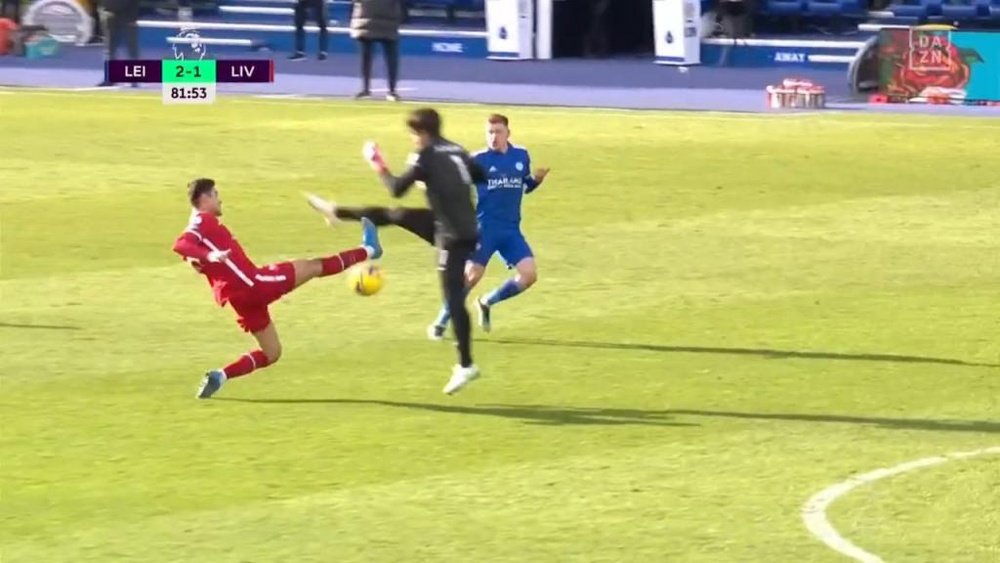 Leicester took advantage of a howler by Alisson. Screenshot/DAZN
