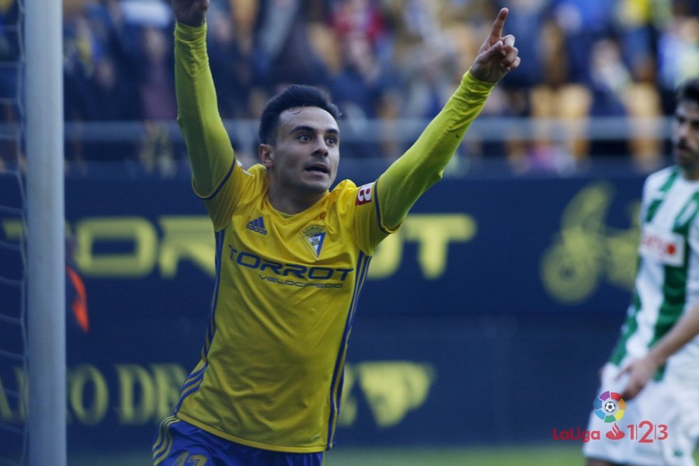 Álvaro García celebra uno de los dos tantos anotados en el Cádiz-Córdoba. LaLiga