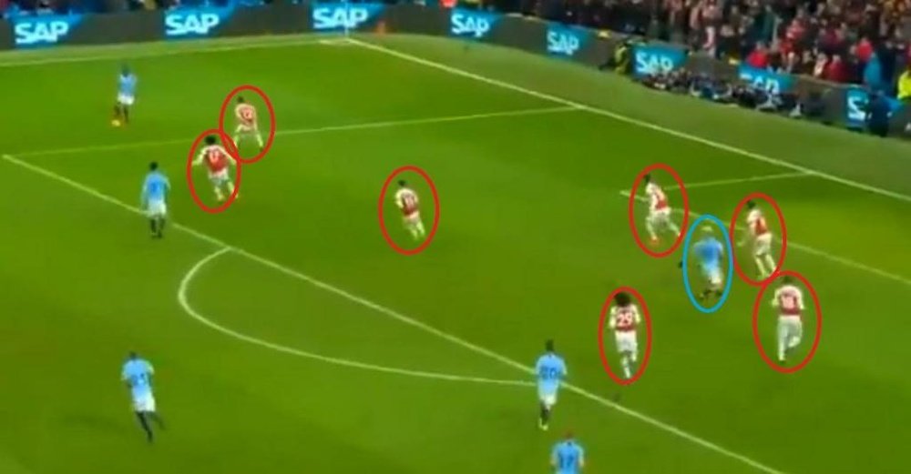 Au début de l'action, sept défenseurs d'Arsenal et seulement un homme pour le ballon. Movistar+