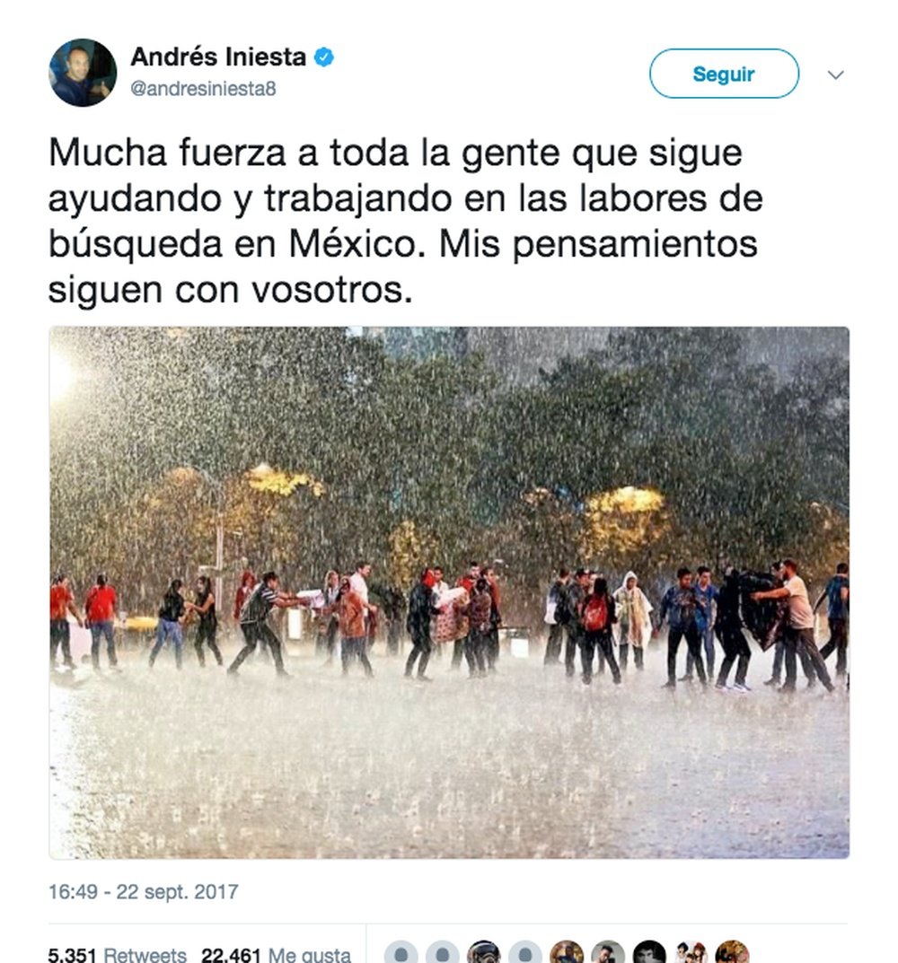 Andrés Iniesta mostró sus condolencias a las víctimas del seísmo en México. Twitter/AndrésIniesta