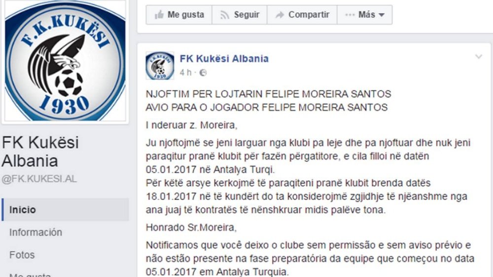 Anuncio del club albanés FK Kukës buscando a uno de sus jugadores. Facebook