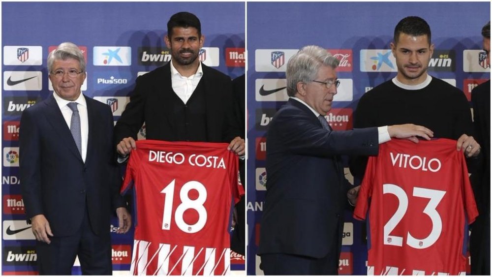 Diego Costa e Vitolo, os novos jogadores do Atlético de Madrid. EFE