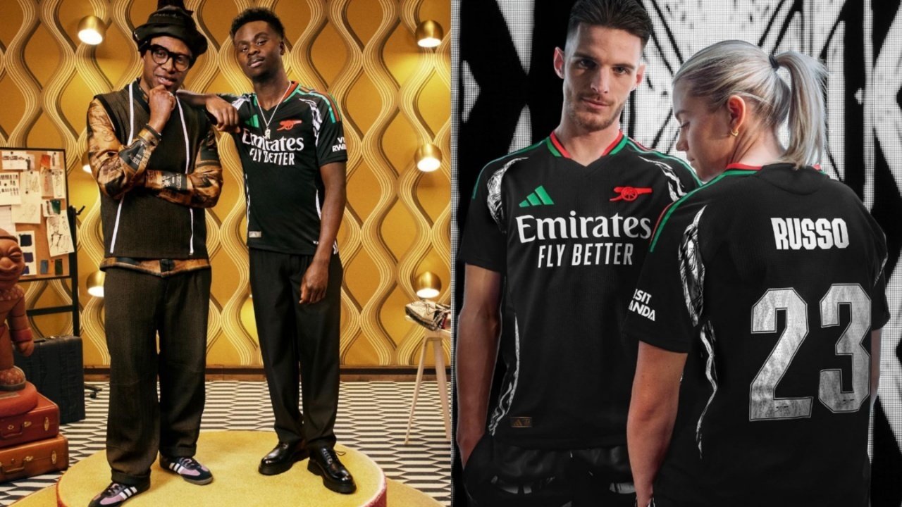 Arsenal's away kit features the vibrant colours of the pan-African flag. Screenshot/arsenal.com