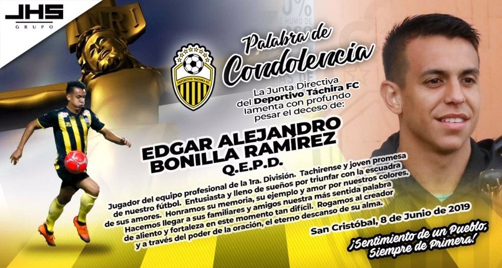 Deportivo Táchira llora la muerte de Edgar Bonilla. Twitter/DvoTachira