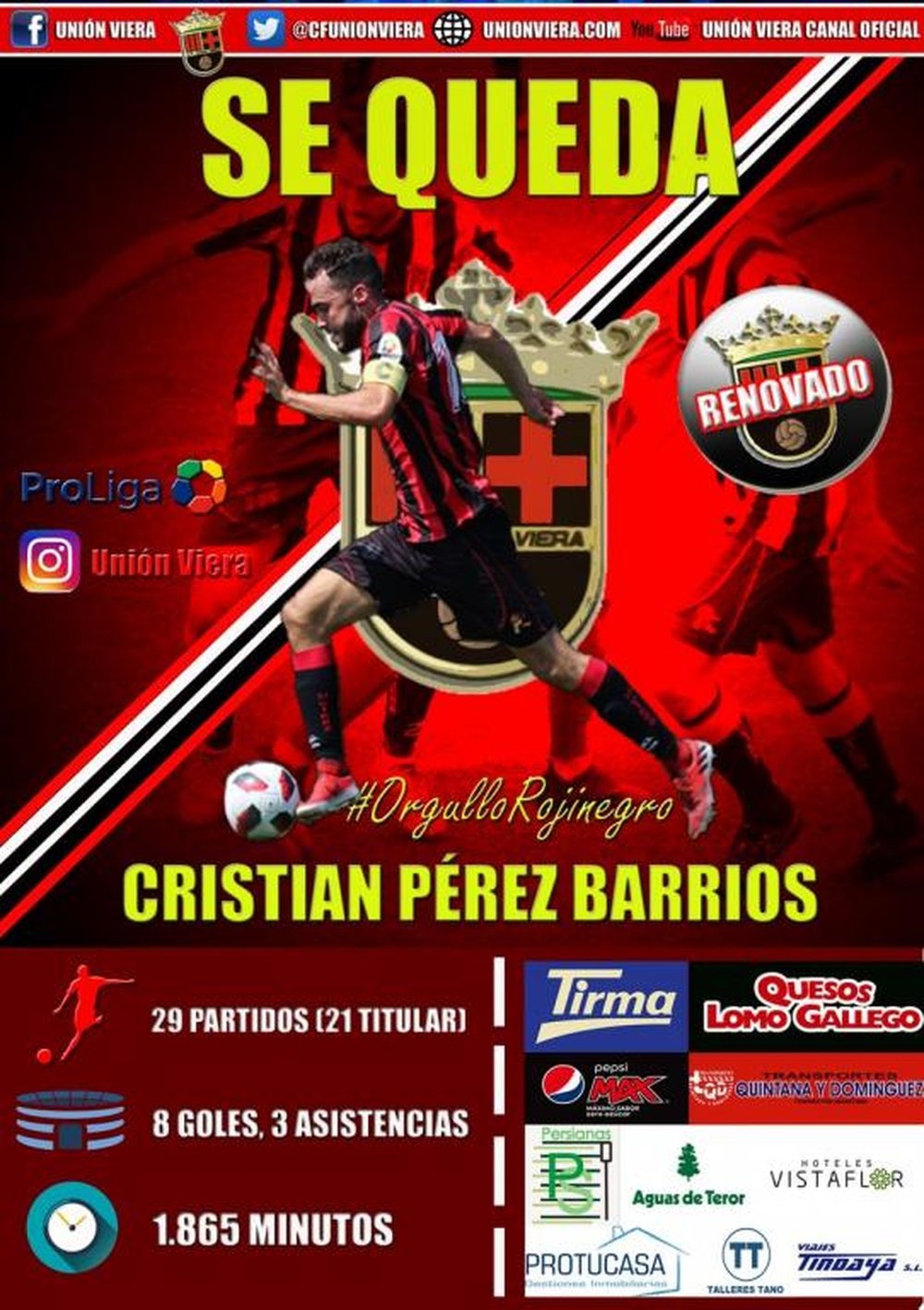 Así anunció el Unión Viera la renovación de Cristian Barrios. Twitter/CFUnionViera