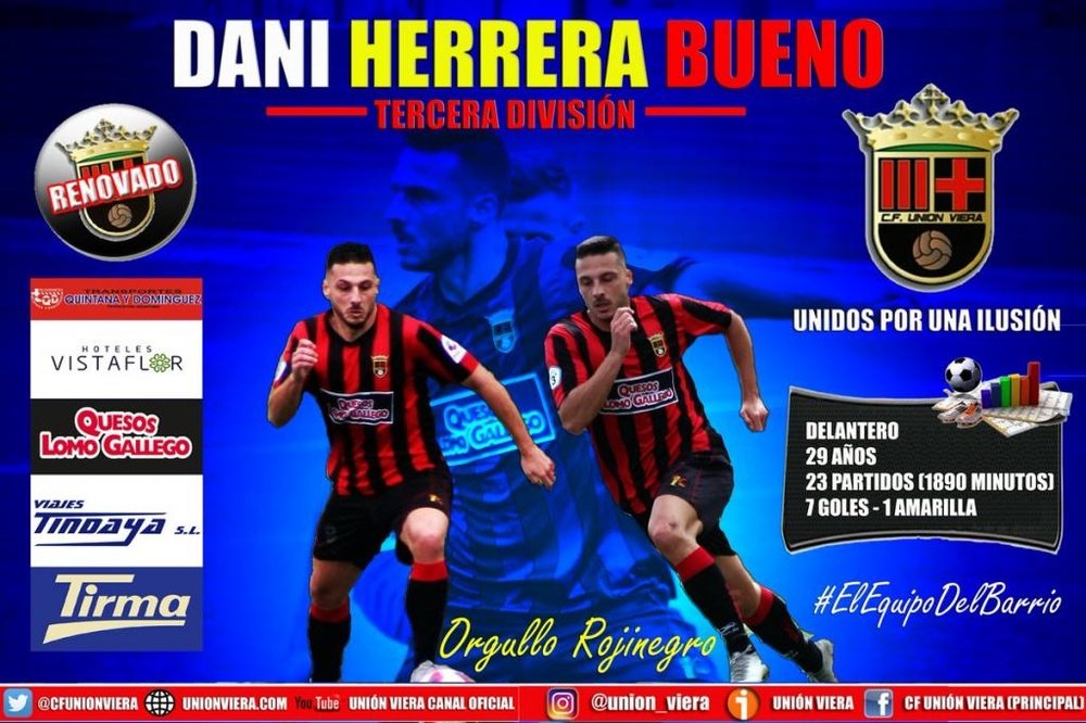 Así anunció el Unión Viera la renovación de Dani Herrera. Twitter/CFUnionViera