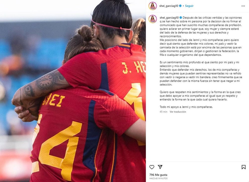 Shei explica por qué no firmó el comunicado como sus compañeras. Instagram/shei_garciag10