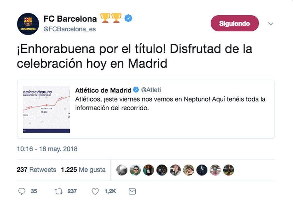 Tarde, pero le felicitó. Twitter/FCBarcelona_es