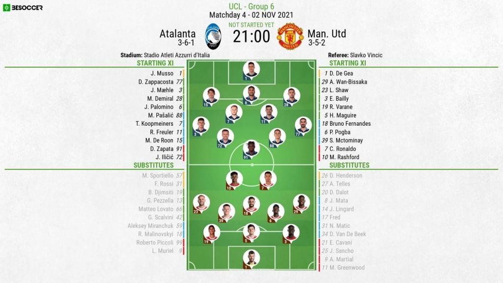 Atalanta v Man Utd, Champions League 2021/22, group stage, matchday 4 - line-ups. BeSoccer