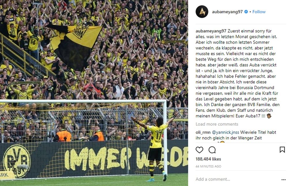 Aubameyang's goodbye message for Borussia Dortmund fans. Instagram/Aubameyang97