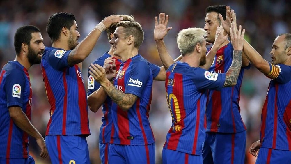 Barcelona are all smiles after the first leg of the Super Cup. FCBarcelona
