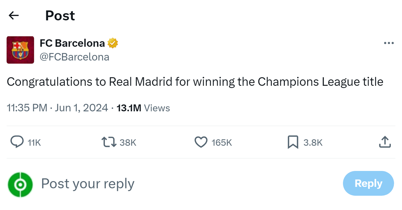 Barcelona congratulate Madrid on 15th Champions League title