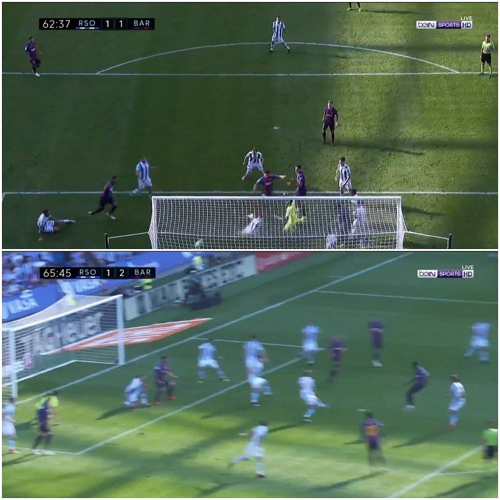 Barcelona scored twice in quick succession to take the lead at Real Sociedad. Screenshot/BeInSports