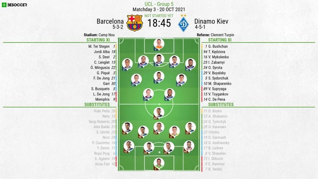 Barcelona v Dynamo Kyiv, UCL 2021/22, Group E, matchday 3, 20/10/2021, official line-ups. BeSoccer