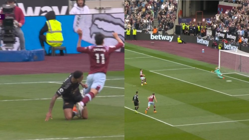 West Ham's Benrahma sent Ramsdale the wrong way. Screenshots/DAZN