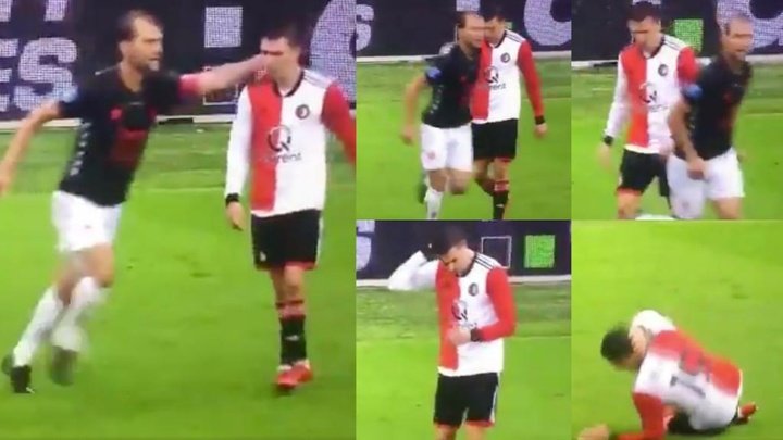 The worst dive in history? Feyenoord's Berghuis crumples to the floor after slight pat on the head