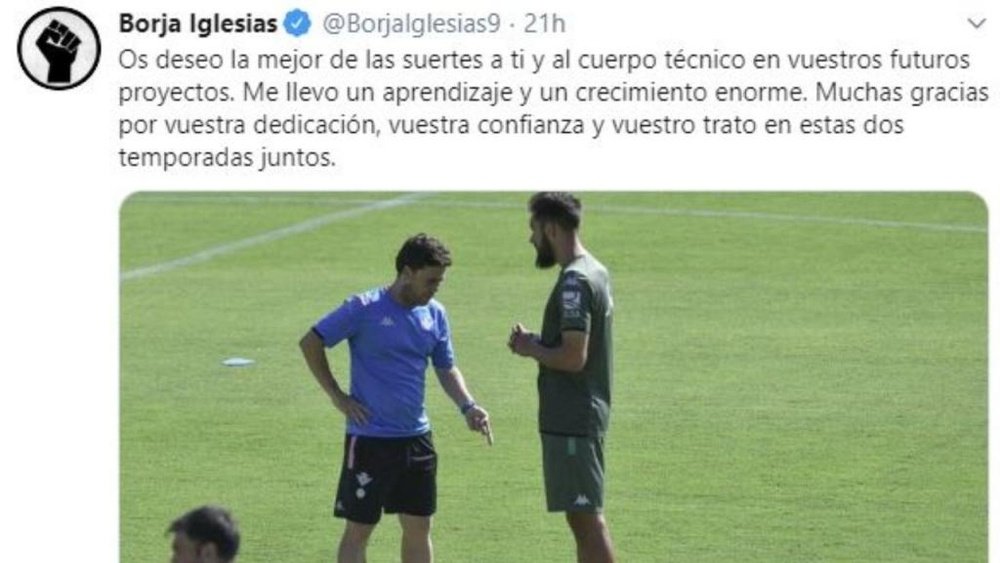 Borja Iglesias dedicó unas palabras a Rubi tras confirmarse su adiós. Twitter/BorjaIglesias9