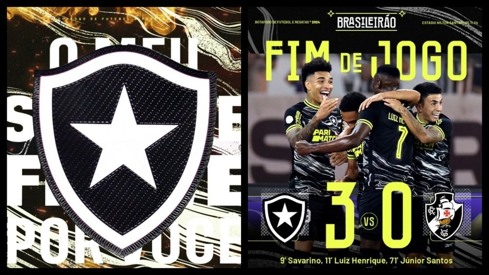 Botafogo goleia o Vasco e abre vantagem de seis pontos na liderança. Captura/X@Botafogo