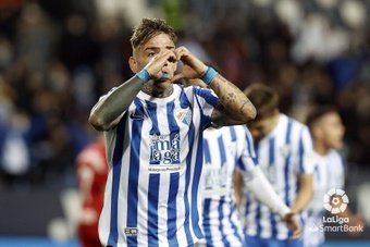 Brandon Thomas, jugador del Málaga CF, celebra un gol. Captura/LaLiga