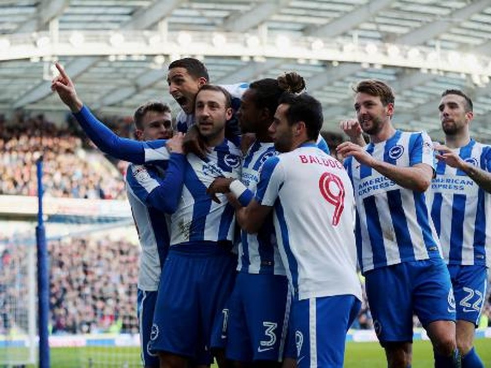 Brighton players celebrate Glenn Murray's penalty. Seagulls