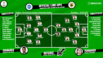 Take a look at Brighton & Hove Albion and AEK Athens' starting lineups for the Europa League group stage game at the AMEX.