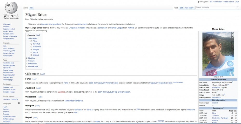 Miguel Britos' Wikipedia was changed to say that he was 'ended' by Mo Salah. Screenshot