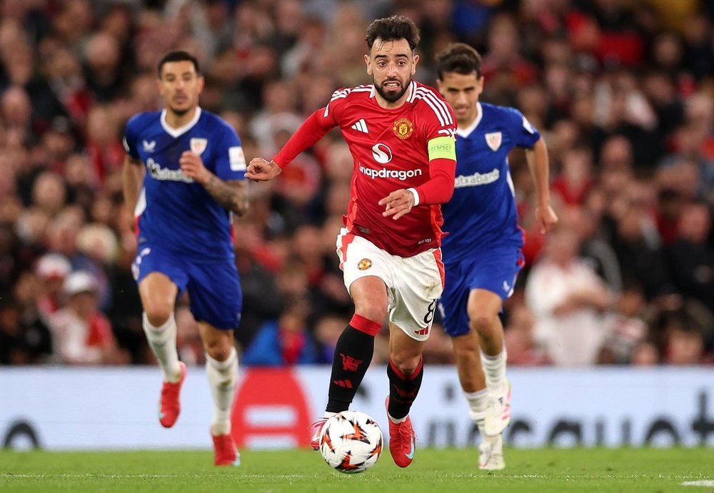 Bruno Fernandes lors du match face à l'Athletic Bilbao. EFE/Adam Vaughan