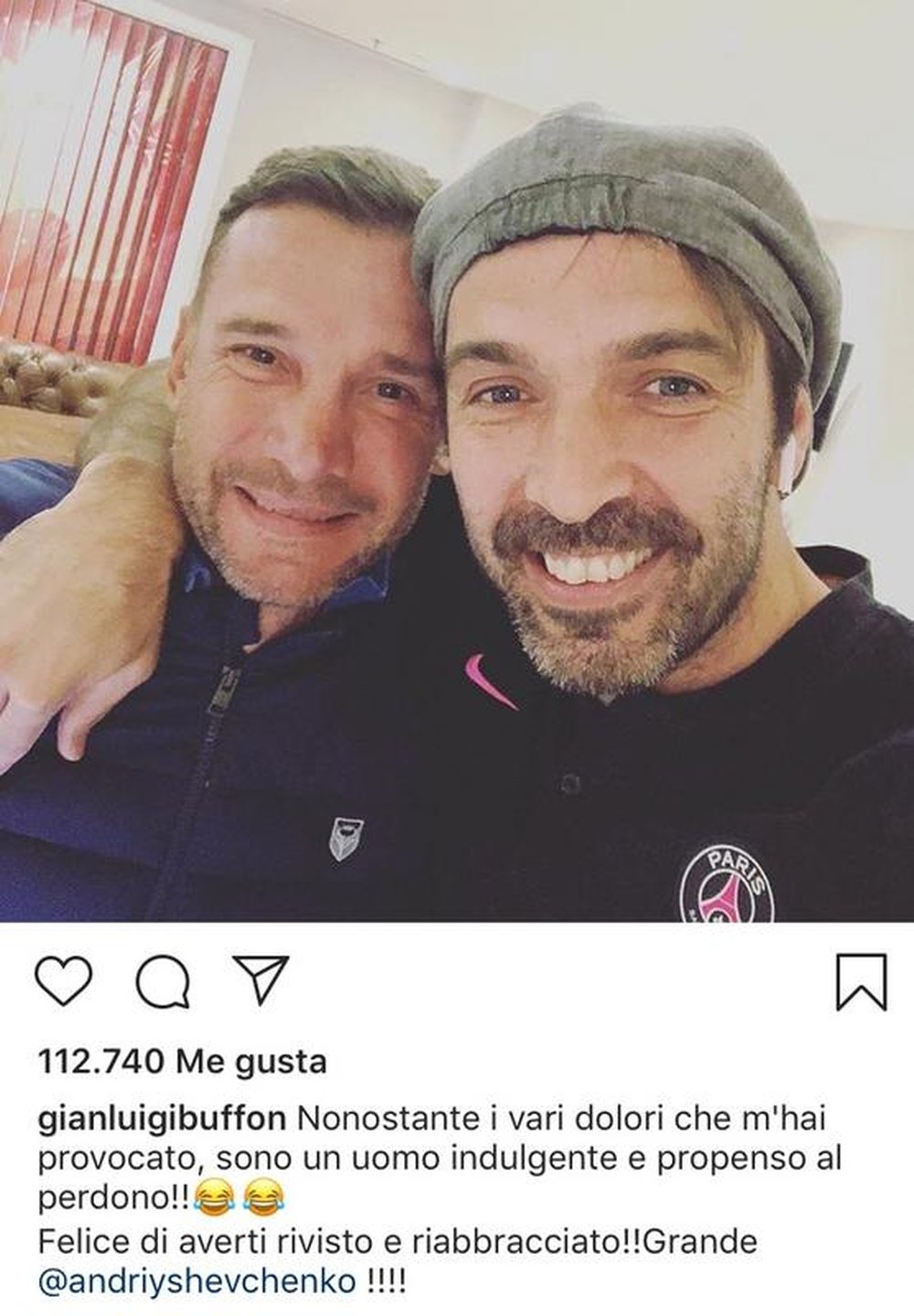 Buffon scherza con Shevchenko su Instagram. Instagram/GianluigiBuffon
