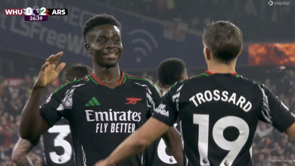 Saka assisted 2 and scored 1 goal in the first-half against West Ham. Screenshot/X@TheEuropeanLad