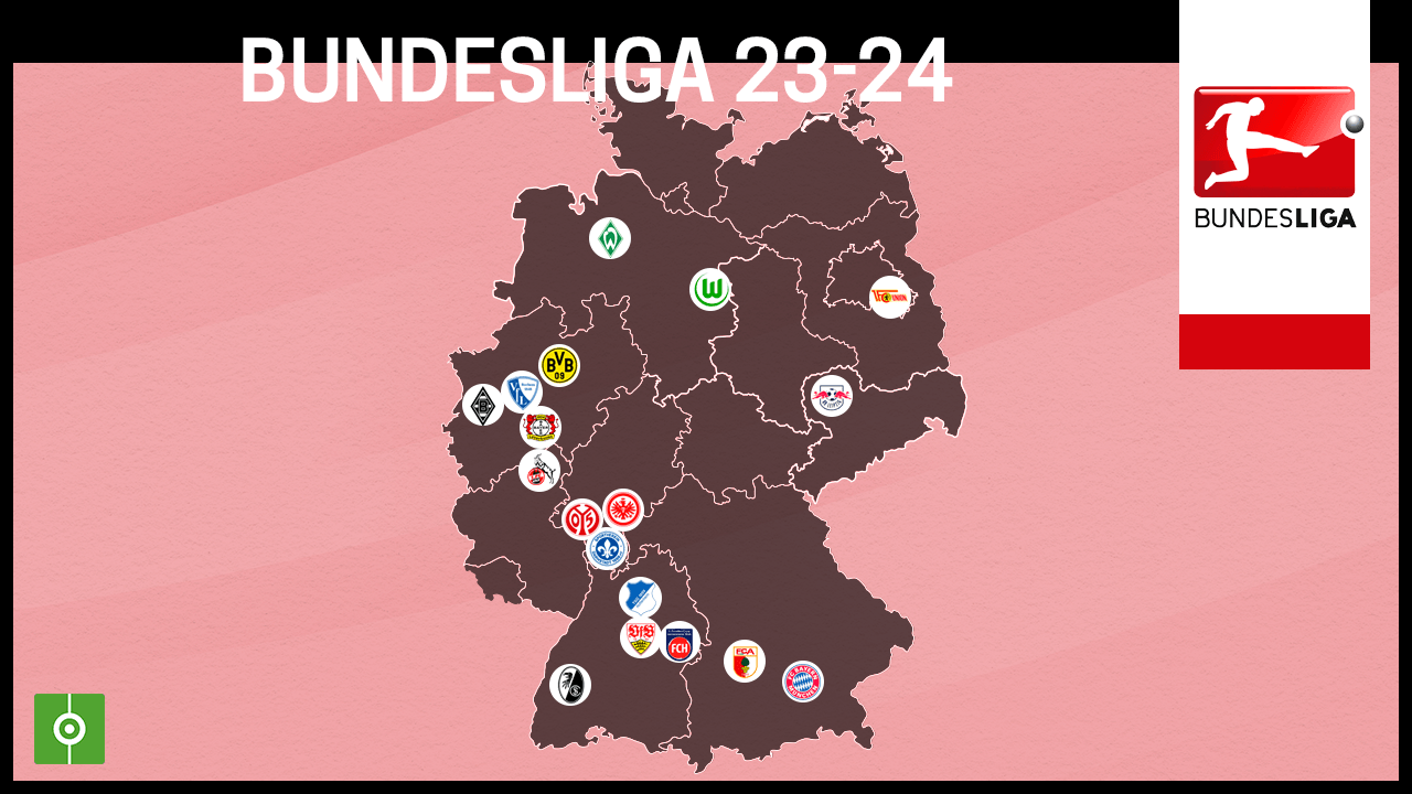 Germany: 2023-24 Bundesliga – Location-map, with 3 Charts: Attendance,  Seasons-in-1st-Division & All-time German Titles list./+ FC Union Berlin:  from the 2nd division to the Champions League in 5 seasons./+ Illustration  for: The