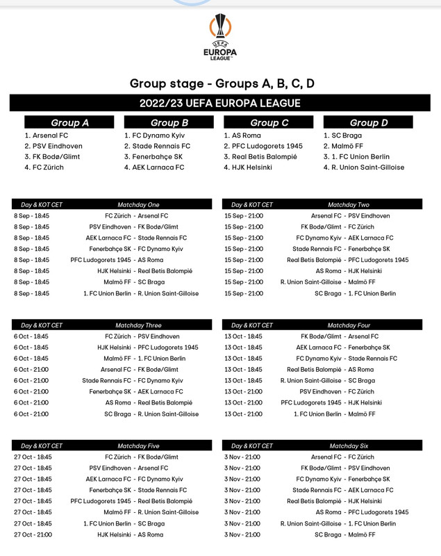 Calendario y horarios de la fase de grupos de la Europa League 2022-23