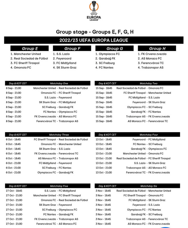 Calendario y horarios de la fase de grupos de la Europa League 2022-23