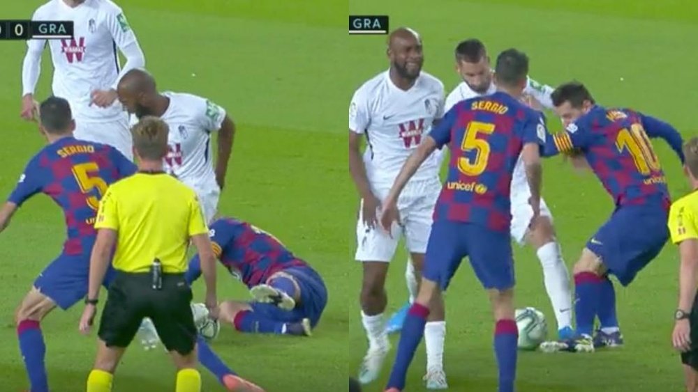 El viral caño de Messi a Gonalons... ¡tras caerse al suelo! Captura/Movistar