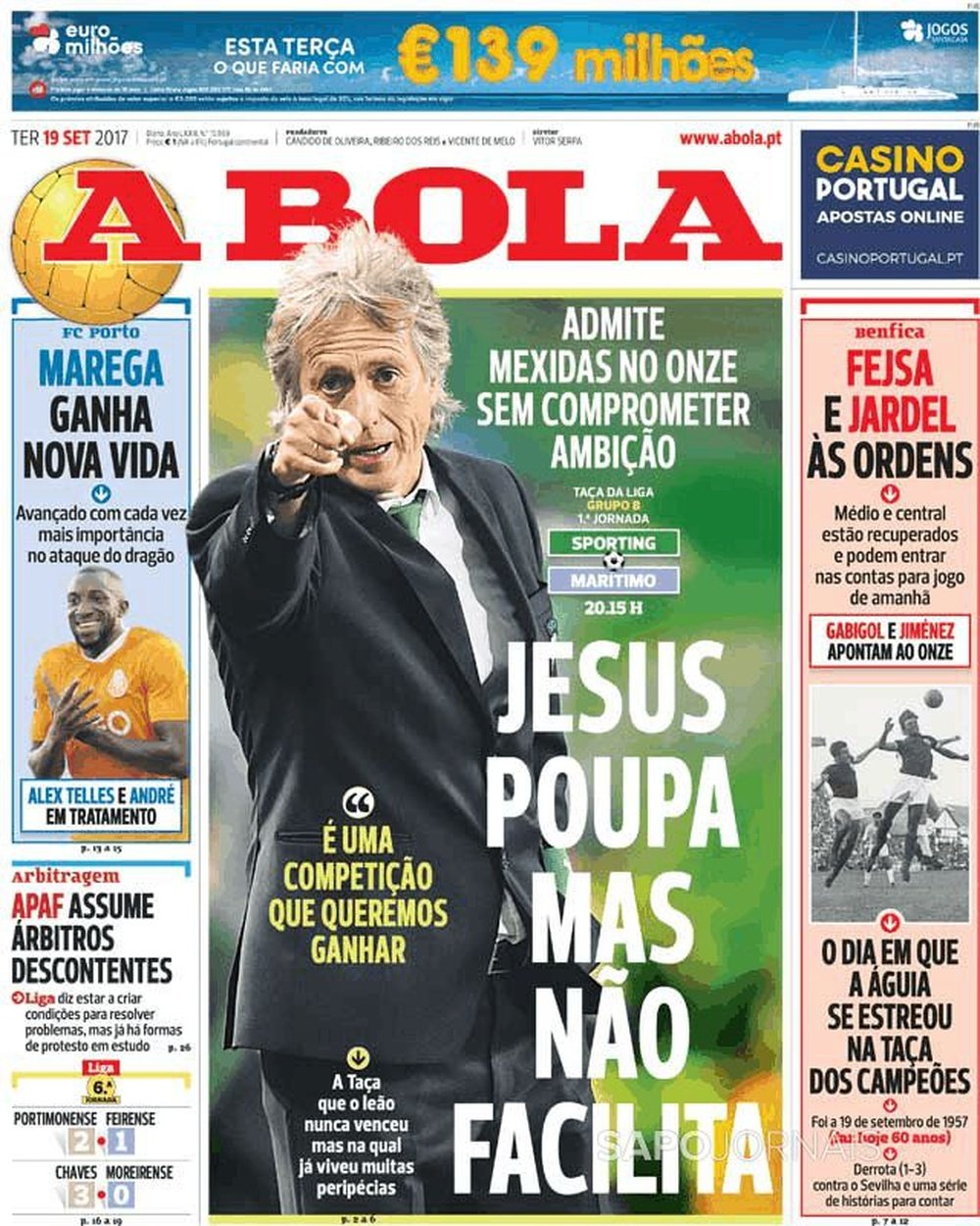 Capa do jornal 'A Bola', 19-09-2017. A Bola