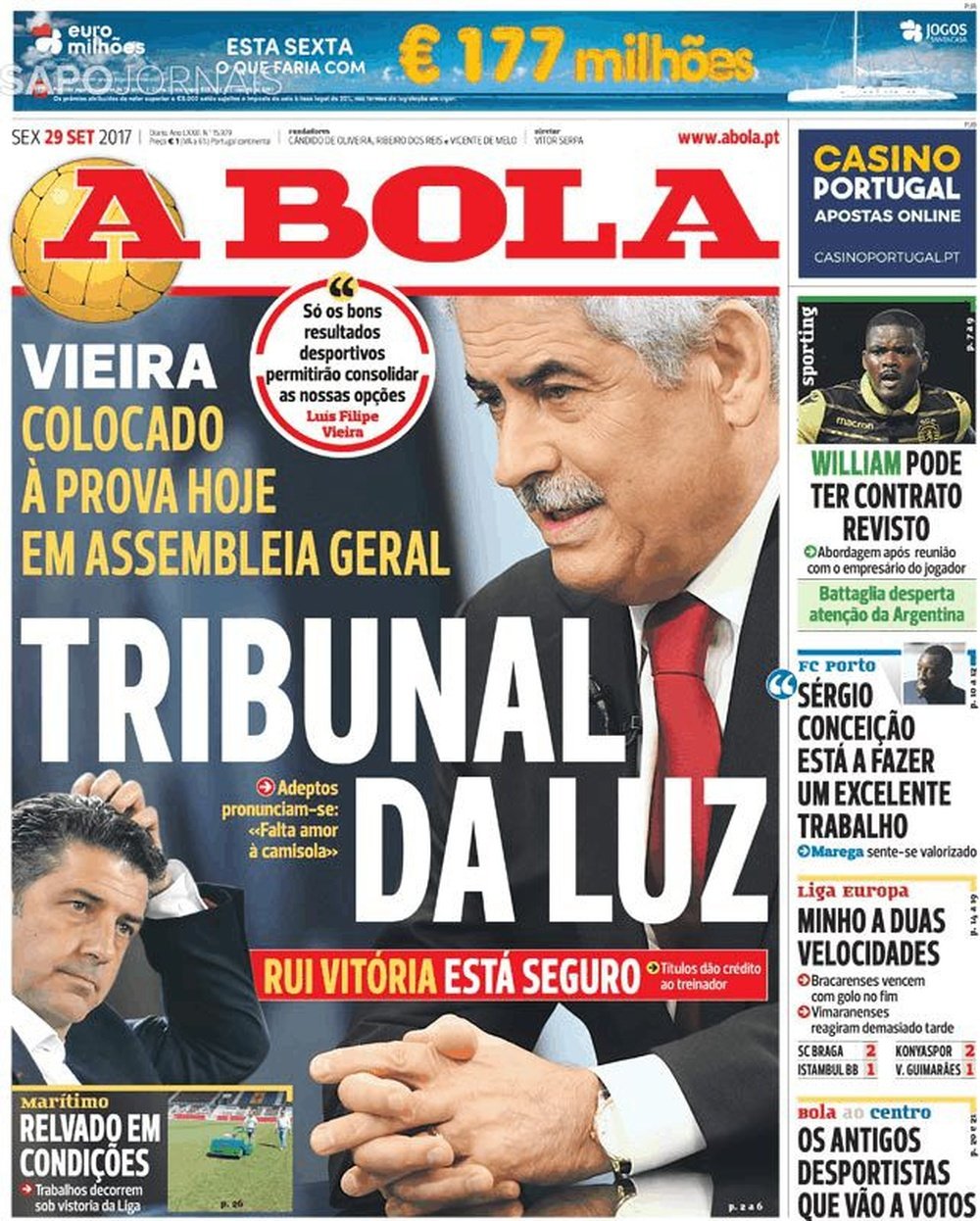 Capa do jornal 'A Bola', 29-09-2017. A Bola
