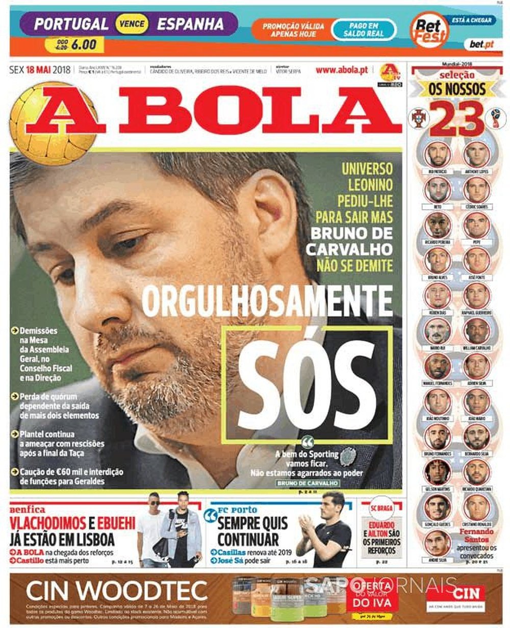 Capa de 'A Bola' 18-05-2018.Abola