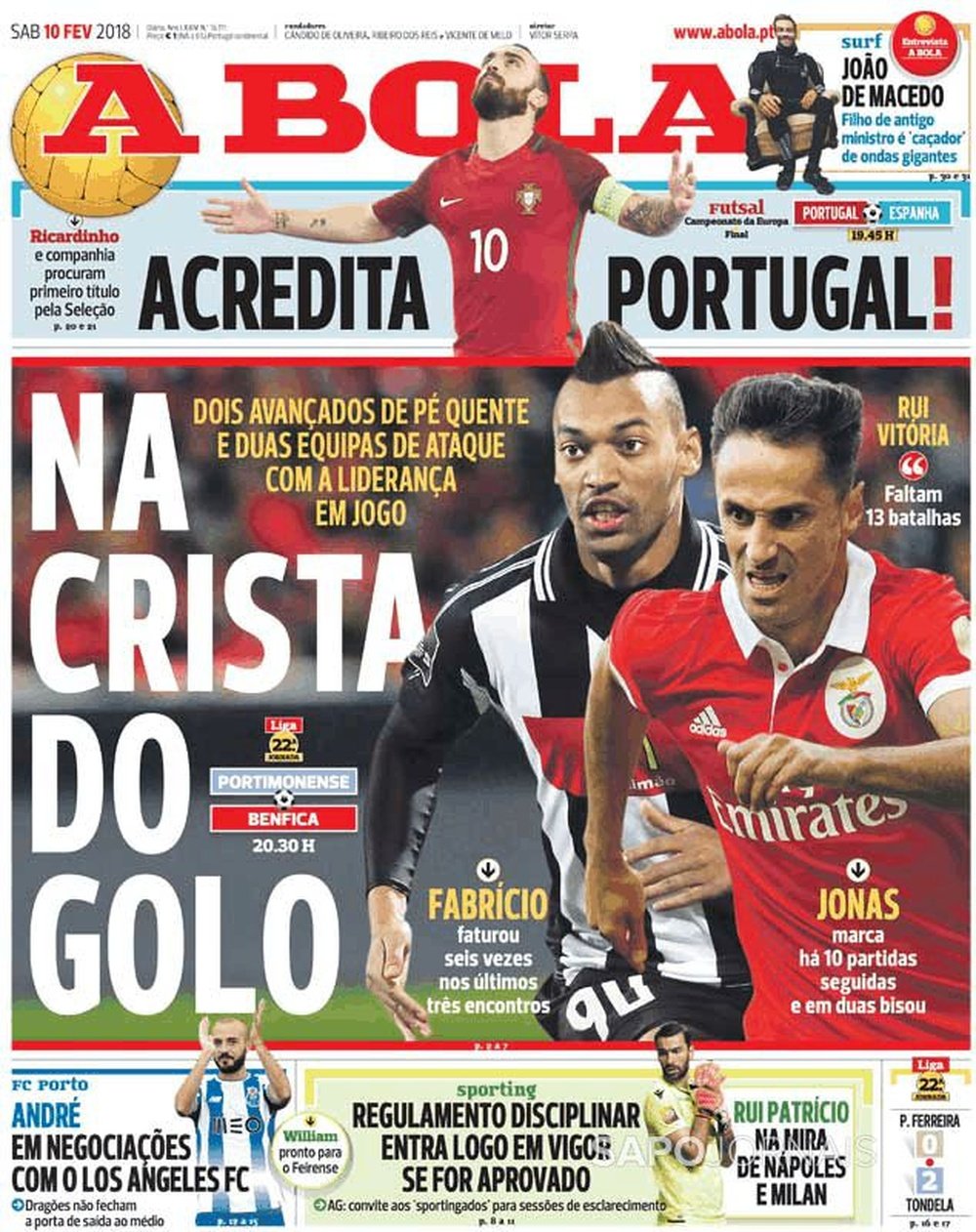 Capa do jornal A Bola, 10/02/2018. A Bola